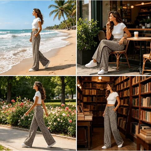 Palazzo Pants for Women, Wide Leg Casual Trousers with Elastic Waist Drawstring, Gingham Plaid Pants in Kuwait
