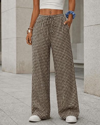 Palazzo Pants for Women, Wide Leg Casual Trousers with Elastic Waist Drawstring, Gingham Plaid Pants in Kuwait