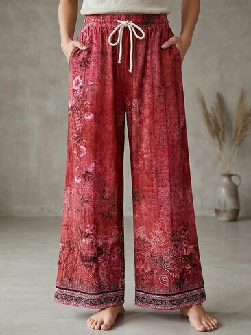 Women's Printed Wide-Leg Pants with Elastic Waist and Drawstring, Loose Fit, Lightweight and Relaxed Style in Kuwait