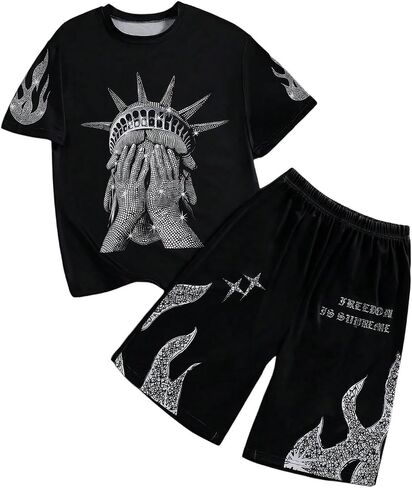 SHENHE Boy's 2 Piece Outfits Short Sleeve Y2k Graphic Tee Shirt and Shorts Set Summer Clothes in Kuwait