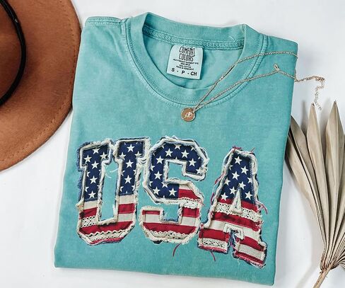 USA Shirt, Patriotic 4th of July Shirt, Retro American Flag Tee, Faux Patchwork USA Graphic Tee, Independence Day Shirt in Kuwait