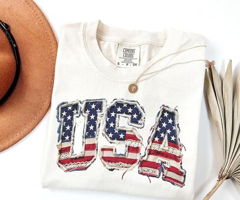 USA Shirt, Patriotic 4th of July Shirt, Retro American Flag Tee, Faux Patchwork USA Graphic Tee, Independence Day Shirt in Kuwait