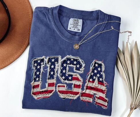 USA Shirt, Patriotic 4th of July Shirt, Retro American Flag Tee, Faux Patchwork USA Graphic Tee, Independence Day Shirt in Kuwait