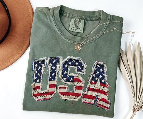 USA Shirt, Patriotic 4th of July Shirt, Retro American Flag Tee, Faux Patchwork USA Graphic Tee, Independence Day Shirt in Kuwait