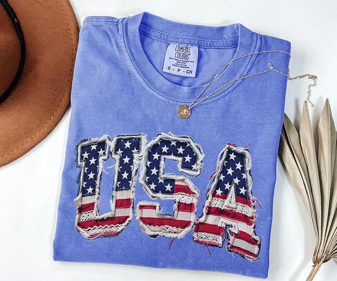 USA Shirt, Patriotic 4th of July Shirt, Retro American Flag Tee, Faux Patchwork USA Graphic Tee, Independence Day Shirt in Kuwait