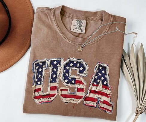 USA Shirt, Patriotic 4th of July Shirt, Retro American Flag Tee, Faux Patchwork USA Graphic Tee, Independence Day Shirt in Kuwait