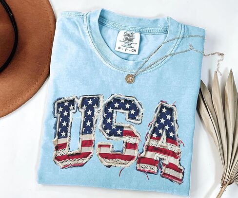 USA Shirt, Patriotic 4th of July Shirt, Retro American Flag Tee, Faux Patchwork USA Graphic Tee, Independence Day Shirt in Kuwait