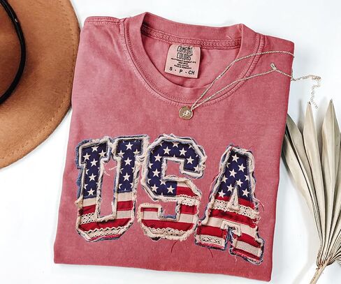 USA Shirt, Patriotic 4th of July Shirt, Retro American Flag Tee, Faux Patchwork USA Graphic Tee, Independence Day Shirt in Kuwait