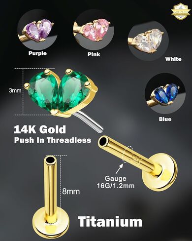 Jewseen 14K Solid Gold Helix Piercing Jewelry Threadless Flat Back Cartilage Earring Studs 14K Gold Push in Tragus Helix Conch Earrings 16G Cartilage Piercing Jewelry for Women in Kuwait
