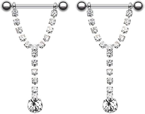 Pierced Owl - 14GA Clear CZ Crystal Chandelier Dangling Barbell Nipple Rings, Sold as a Pair in Kuwait