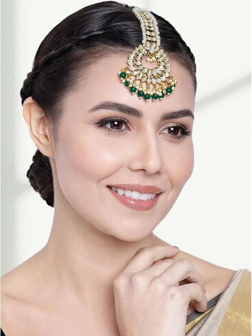 Aheli Gold Plated Indian Traditional Kundan Pearl Maang Tikka Gift for Women in Kuwait