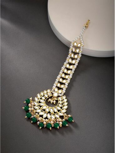 Aheli Gold Plated Indian Traditional Kundan Pearl Maang Tikka Gift for Women in Kuwait
