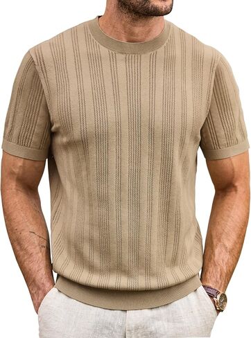 Men's Knit T-Shirt Casual Textured Short Sleeve Shirt Vacation Ribbed Pullover Tees (S-XXL) in Saudi Arabia