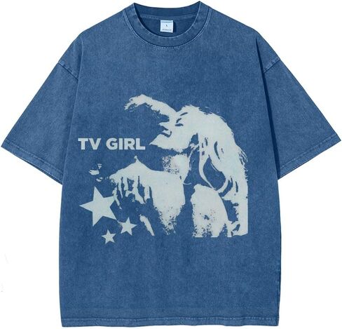 Vintage Wash TV Girl Graphic T-Shirt Oversized Heavyweight Cotton Streetwear Tee, 260GSM Relaxed Fit Unisex Shirt in Kuwait
