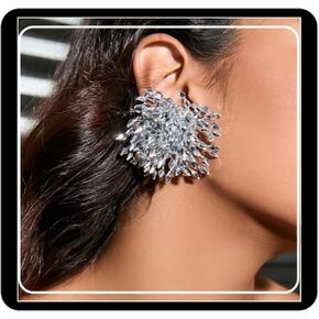 Crystal Statement Earrings, Silver, Marquise Cut Rhinestone Cluster, Starburst Design, Oversized Stud in Saudi Arabia