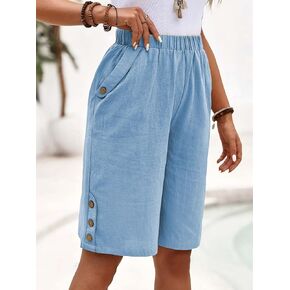 Women's High-Waist Solid Color Straight-Leg Capris with Button Decorations and Side Pockets in Kuwait