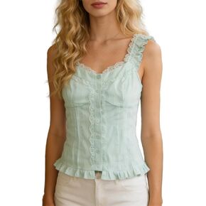 Y2k Lace Button Front Tank Top for Women Sexy Cute Ruffle Smocked Cami Vest Tops Summer Fairy Coquette Streetwear in Saudi Arabia