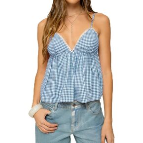 Women's Y2K Gingham Babydoll Cami Top Deep V Neck Ruffle Hem Peplum Spaghetti Strap Summer Sleeveless Shirt in Saudi Arabia