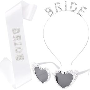 KICOSY Bride To Be 3-Piece Set - Rhinestone BRIDE Headband, Pearl Heart Sunglasses & Rhinestone Sash for Bachelorette Party, Bridal Shower & Wedding Celebrations in Kuwait