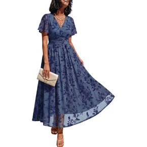 LILLUSORY Womens Summer Floral Maxi Dress Short Sleeve V Neck Wedding Guest Long Dresses with Pockets in Saudi Arabia