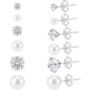 6 Pairs Stud Earrings for Women 3 Pairs Silver Filled Polished Pearl Earrings with 3 Pairs Round Clear Rhinestone Stud Earrings Set 6 Sizes Jewelry for Wedding Birthday Party Prom in Kuwait