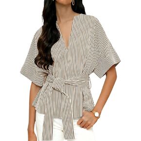 Yidarer Women's Summer Striped Blouse V Neck Short Sleeve Tie Knot Front Tops 2026 Casual Shirts(Brown-L) in Saudi Arabia