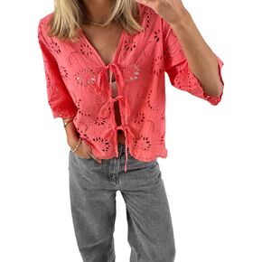 Women Y2k Floral Embroidered Shirt Eyelet Short Sleeve V Neck Bow Tie Front Blouse Cute Summer Going Out Tops in Saudi Arabia