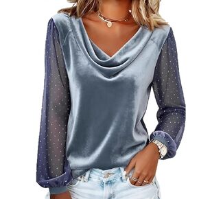 Women's Velvet Long Sleeve Tops Velour Lace Mesh Shirts V Neck T Shirt Elegant Velvet Blouse for Holiday Party in Saudi Arabia