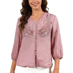Women's 100% Linen Blouses 3/4 Sleeve Button Down Novelty Shirts in Saudi Arabia