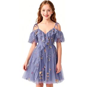 Floral Embroidery Tulle Flower Girl Dress Short Cold Shoulder Junior Bridesmaid Dresses V Neck Girls Homecoming Gown in Saudi Arabia