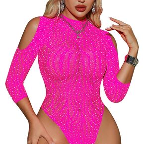 Women Fishnet Bodysuit Sparkle Rhinestone Mesh Teddy Rave Lingerie Outfit, One Size in Saudi Arabia