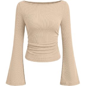 ANRABESS Women Bell Long Sleeve Top | Boat Neck Flare Sleeve Shirts，Ruched Side Crop Tee,Soft Comfy Ribbed,Business Casual Work & Travel Vacation & All Day Wear in Kuwait