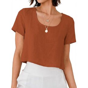 Linen Shirts for Women Spring Summer Short Sleeve Scoop Neck Crop Tops Cute Casual Trendy Beach Vacation Blouse in Saudi Arabia