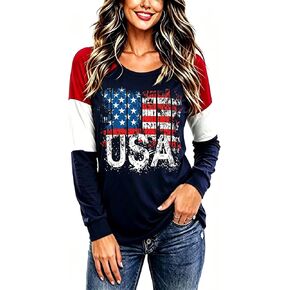 Roshop 4th of July Patriotic Women's Long Sleeve Glittering American Flag Star Stripes Tops in Saudi Arabia