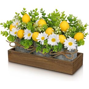 Set of 3 Small Fake Plants in Galvanized Pots Table Centerpiece Lemon Floral Arrangement Mini Artificial Potted Lemon Plants with Wooden Tray Farmhouse Greenery Centerpieces for Kitchen Dining Table in Kuwait