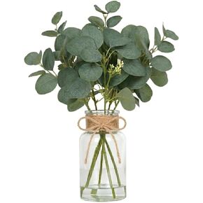Velener Faux Eucalyptus Stems in Vase with Faux Water, Fake Plants Artificial Eucalyptus Plant for Home Decor, Kitchen Bathroom Farmhouse Living Room Coffee Table Centerpieces for Tables Green-1 Pack in Saudi Arabia