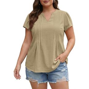 Yesfashion Women's Plus Size Shirt Summer V-Neck Top Flutter Sleeve Pleated Tshirt Very Little Stretch (Order1-2 Size Up) in Saudi Arabia