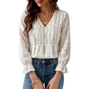Lace Embroidered Tops for Women Puff 3/4 Sleeve Shirts V Neck Summer Boho Dressy Casual Vacation Cotton Blouse in Kuwait