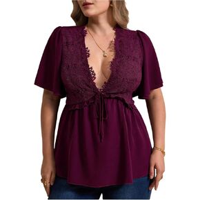 WDIRARA Women's Plus Size Deep V Neck Blouse Tie Front Ruffle Short Sleeve Babydoll Tops in Kuwait