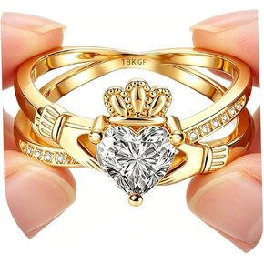 Gold Claddagh Ring for Women, 14K Gold Plated IrishEngagement Wedding Ring - Non Tarnish Promise Ringwith 6.5mm Heart Simulated Diamond Size 5-10 (G1, 10) in Saudi Arabia