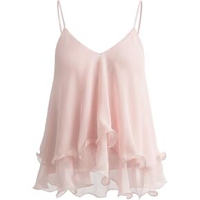 Women's Ruffled Chiffon Camisole Top Flowy Layered Spaghetti Strap Tank Elegant V Neck Blouse Dress(Pink,XL) in Saudi Arabia