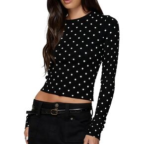 Women Y2k Long Sleeve Polka Dot Shirt Dot Print Slim Fit Crop Top Crew Neck Trendy Going Out Tee Shirt in Saudi Arabia