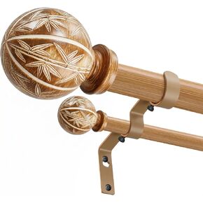 Bamboo Double Curtain Rods for Windows 36 to 72 Inches, 1-inch DiameterHeavy-duty Adjustable Double Curtain Rods with Bamboo Leaf Carved Finials - for Bedrooms and Living Rooms in Saudi Arabia