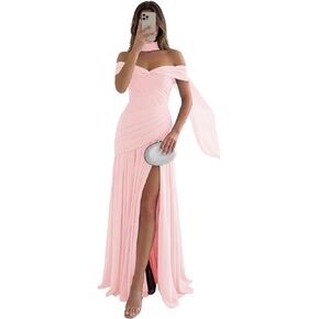 Off The Shoulder Bridesmaid Dresses with Scarf Long Pleated Chiffon Formal Evening Dresses with Slit in Saudi Arabia