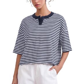 MISSACTIVER Women's Striped Henley T-Shirts Color Block Crew Neck Short Sleeve Oversized Roll Hem Boxy Cropped Tees Shirt Top in Saudi Arabia