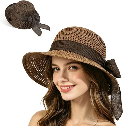 Woven Straw Sun Hat for Women, Wide Brim Beach Hat with Bow Ribbon for Travel UV Protection in Kuwait