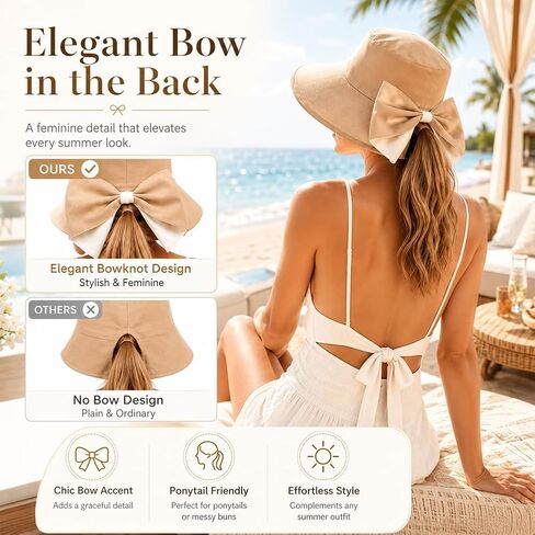 Bowknot Wide Brim Sun Protective Hat, Foldable, 360° Protection Uv Protection Breathable Summer Travel Beach Hat in Kuwait