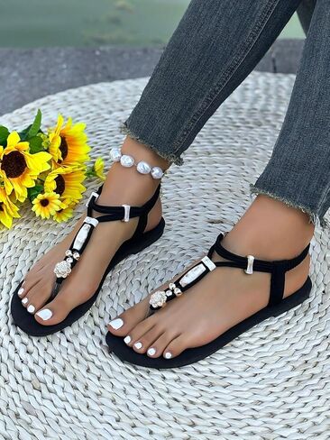 GORGLITTER Women's Rhinestone Beaded Flat Sandals Summer Vacation Causal Open Toe Trendy Silde Shoes 2026 in Kuwait