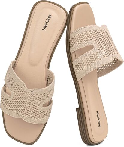 Merking Women's Knit Mesh Slip On Slide Sandals Fashion Open Square Toe Shoes Comfort Casual Slippers Walking in Kuwait