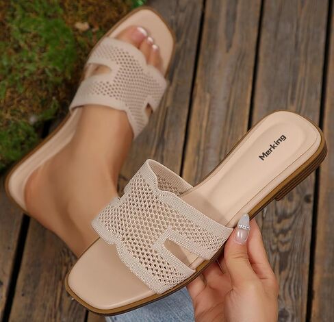 Merking Women's Knit Mesh Slip On Slide Sandals Fashion Open Square Toe Shoes Comfort Casual Slippers Walking in Kuwait
